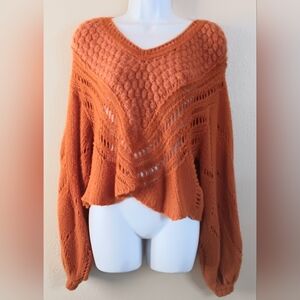 Free People V-Neck Soft Open Knit Sweater Crochet Orange Fall XS